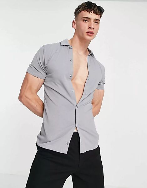 ASOS DESIGN – Jersey-Hemd aus Bio-Baumwolle mit Knopfleiste in Grau günstig online kaufen