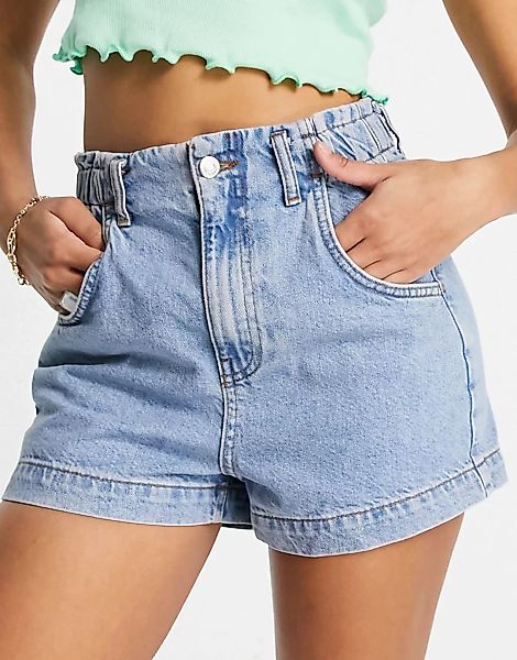 Topshop – Jeansshorts in Mittelblau mit Paperbag-Taille günstig online kaufen