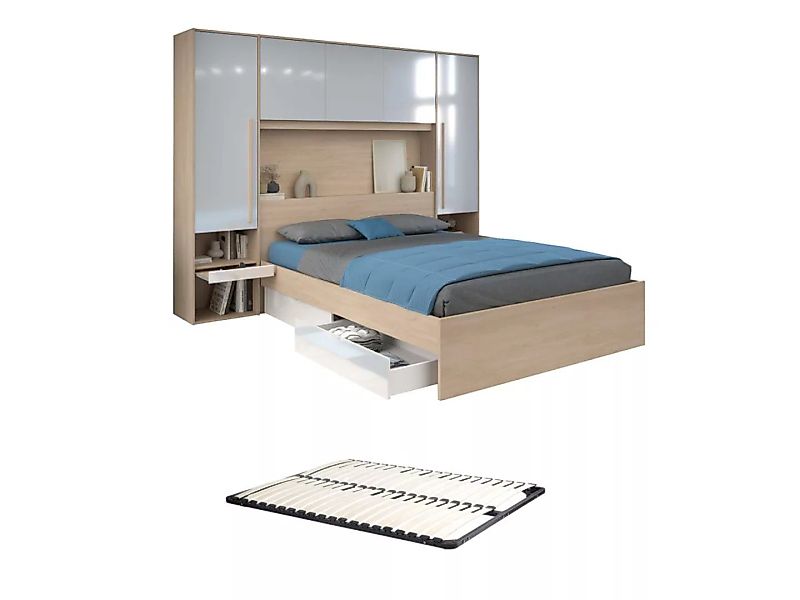 Bett mit Stauraum 160 x 200 cm mit LED-Beleuchtung + Lattenrost - Holzfarbe günstig online kaufen