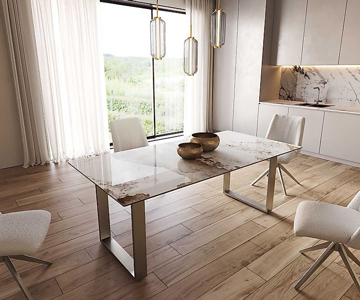 DELIFE Esstisch Edge, Keramik Minas Melange Weiß-Beige 200x100 Edelstahl Sc günstig online kaufen