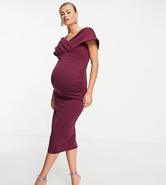 True Violet Maternity – Bodycon-Midikleid mit gewickelter Schulterpartie in günstig online kaufen