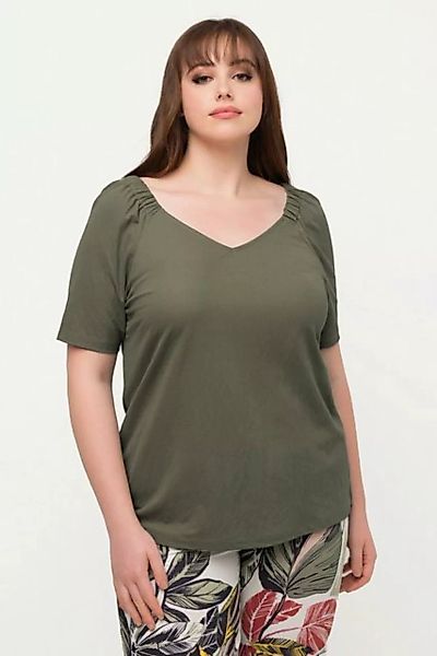 Ulla Popken Rundhalsshirt Shirtbluse Kräuselungen V-Ausschnitt Halbarm günstig online kaufen