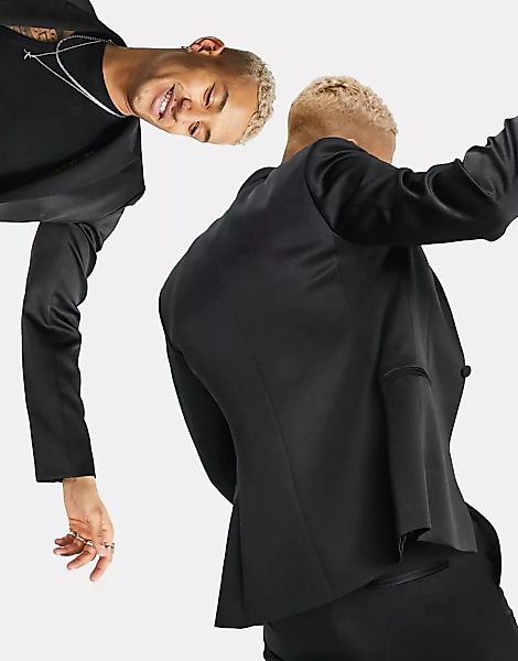 ASOS DESIGN – Eng geschnittene Smoking-Jacke in hochglänzendem Schwarz günstig online kaufen