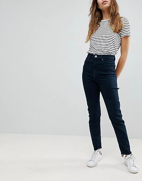 ASOS DESIGN – Farleigh – Schmal geschnittene Mom-Jeans in Akila-Blau mit Wa günstig online kaufen