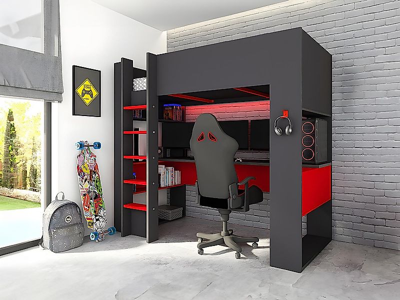 Hochbett mit Gaming-Schreibtisch & Stauraum mit LEDs - 90 x 200 cm - Anthra günstig online kaufen