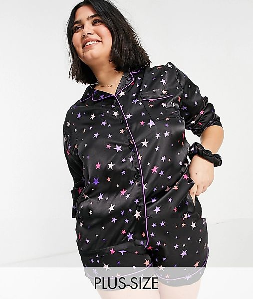 Night Plus – 5-teiliges Pyjama-Geschenkset aus Satin in Marineblau mit bunt günstig online kaufen