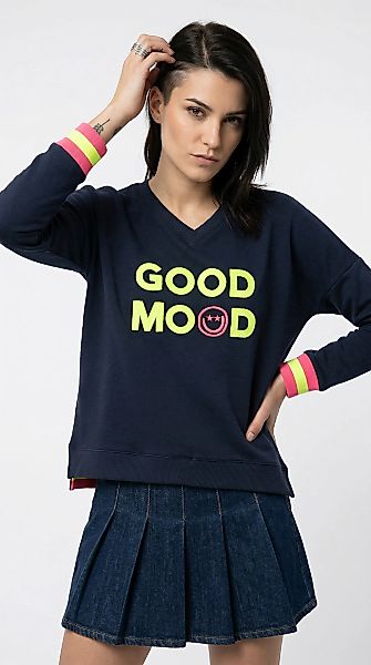 Zwillingsherz Sweatshirt, Langarm, Neon-Details, V-Ausschnitt, Schriftzug günstig online kaufen