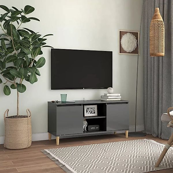 Tv-schrank Mit Massivholz-beinen Hochglanz-grau 103,5x35x50 Cm günstig online kaufen