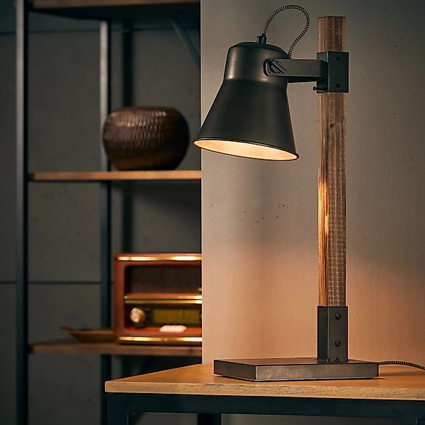Brilliant Tischleuchte Plow Schwarz Stahl und Holz günstig online kaufen