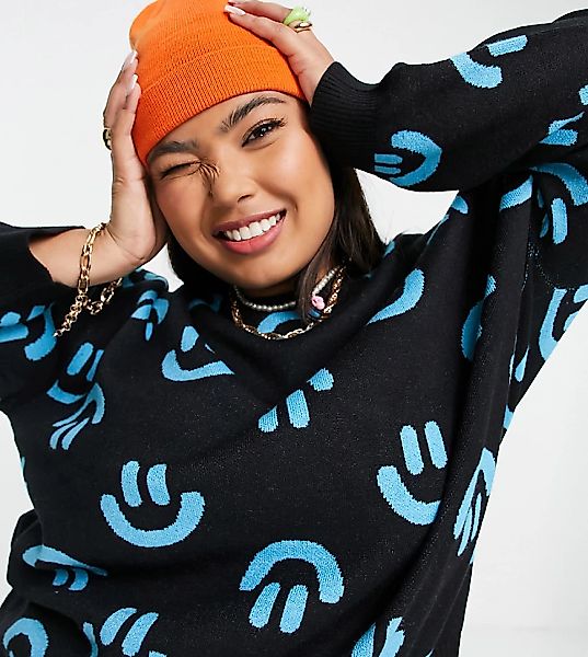 Native Youth Plus – Super-Oversize-Strickpullover mit Gesichts-Muster-Schwa günstig online kaufen