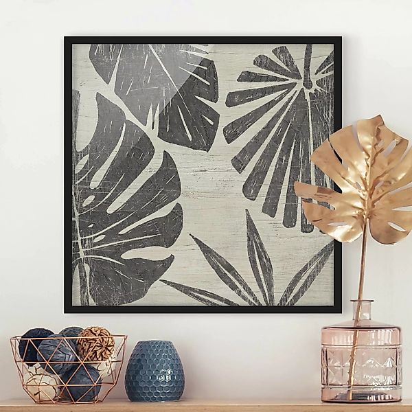 Bild mit Rahmen Blumen - Quadrat Palmenblätter vor Hellgrau günstig online kaufen