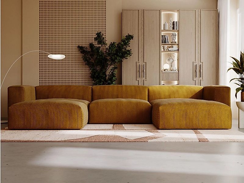 GrainGold Ecksofa U-Form LANDI - 340x180 cm, Honigfarben, Universal, Wellen günstig online kaufen