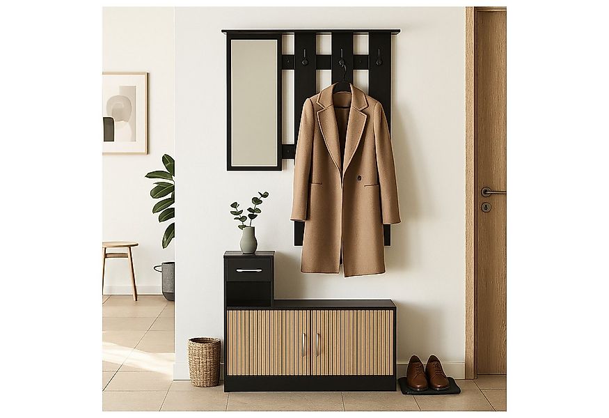 HTI-Living Garderobe Garderobenpaneel mit Spiegel und Schuhschrank Schwarz- günstig online kaufen