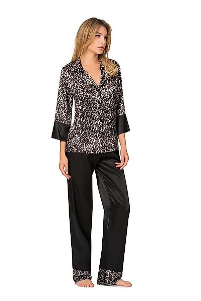 Schlafanzug Damen Satin Pyjama 2-teilig – Langarm Set mit Leopardenmuster E günstig online kaufen