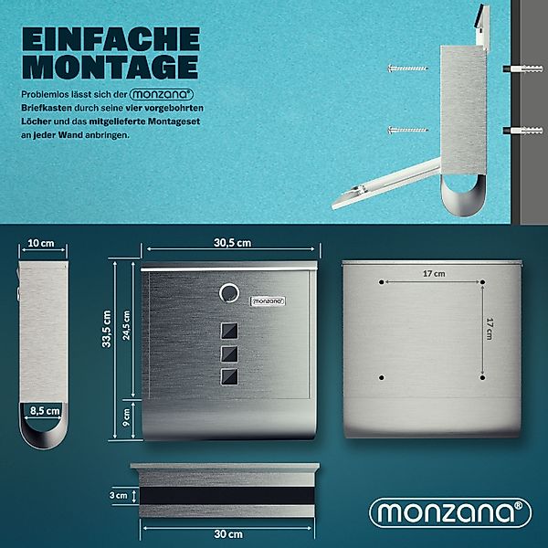 monzana Wandbriefkasten, Silber Edelstahl mit Zeitungsfach Kreuzschloss Sic günstig online kaufen