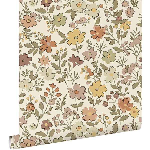 ESTAhome Tapete Blumen Grün Gelb Lila und Terrakotta 50 x 900 cm günstig online kaufen