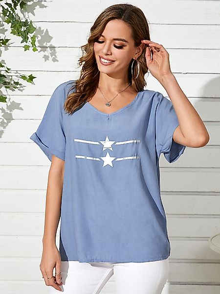 Blue Star Print Rundhals-Kurzarm-T-Shirt günstig online kaufen