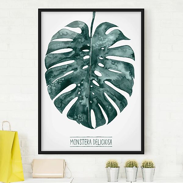 Bild mit Rahmen Blumen - Hochformat Smaragdgrüne Monstera Deliciosa günstig online kaufen