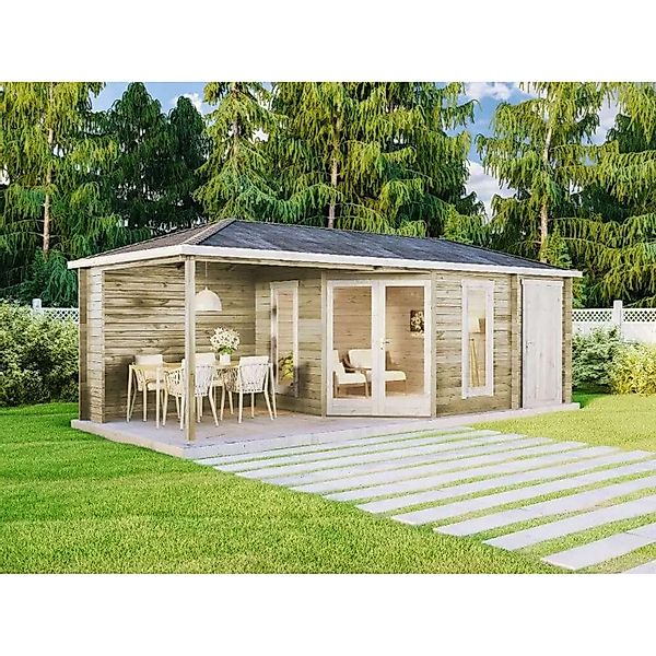 Alpholz 5-Eck Gartenhaus Liwa mit Anbau 28mm Unbehandelt 714 cm x 302 cm günstig online kaufen