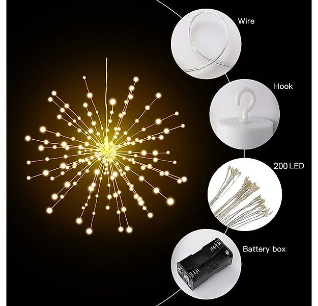 Qualra LED-Lichterkette 200LEDs Feuerwerk Lichterkette Batterie 8 Modi Häng günstig online kaufen