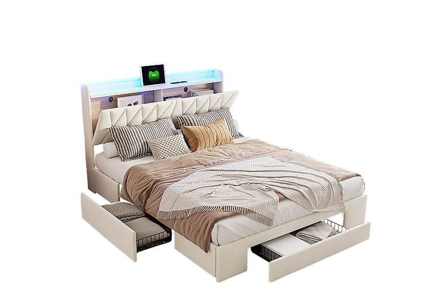 FUROKOY Stauraumbett Polsterbett Doppelbett mit 3 Schubladen und LED-Beleuc günstig online kaufen