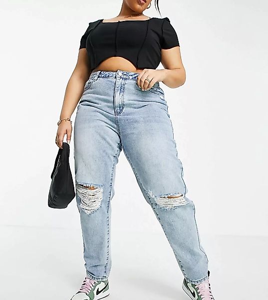 Missguided Plus – Riot – Hochgeschnittene Mom-Jeans in Blau mit Knierissen günstig online kaufen