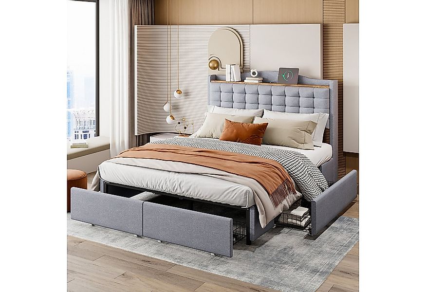 OKWISH Polsterbett Stauraumbett Doppelbett, Nachttisch mit USB-Ladeanschlus günstig online kaufen