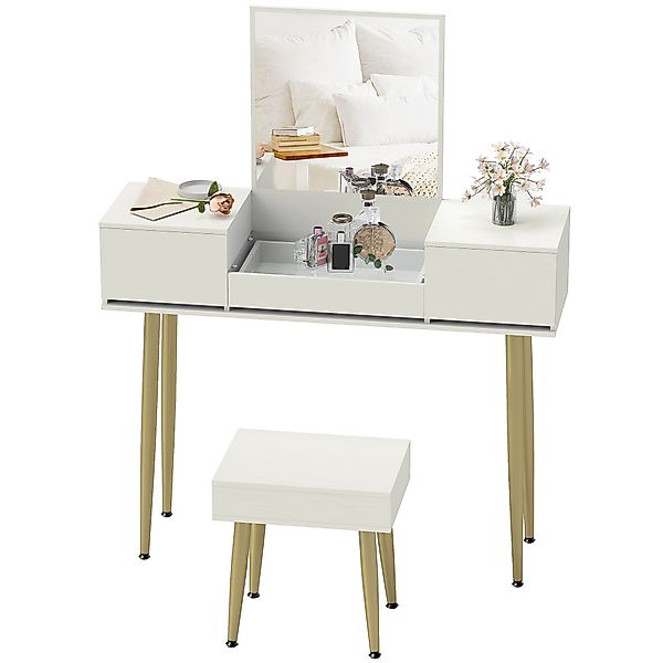 HOMCOM Schminktisch mit Spiegel und Hocker, Make-up-Tisch mit 3 Schubladen günstig online kaufen