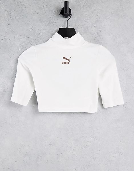 PUMA – Hochgeschlossenes T-Shirt mit kurzem Schnitt in Weiß günstig online kaufen