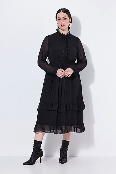 Ulla Popken Maxikleid Midikleid Rüschen A-Linie Stehkragen Langarm günstig online kaufen