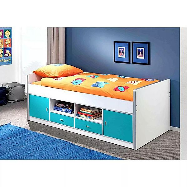 Lomadox Kinderbett, 90x200cm, mit viel Stauraum, weiß/türkis günstig online kaufen