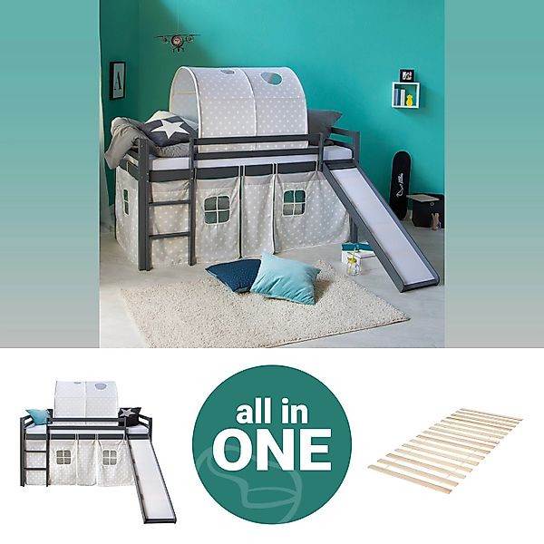 Homestyle4u Kinderhochbett 90x200 Grau mit Lattenrost Rutsche 2781 günstig online kaufen