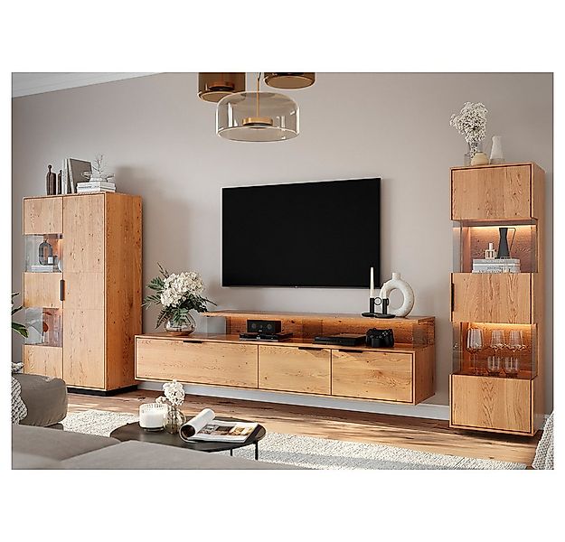 Lomadox Wohnwand TIVAT-163, (3-St., Vitrine Lowboard Highboard), Eiche mass günstig online kaufen