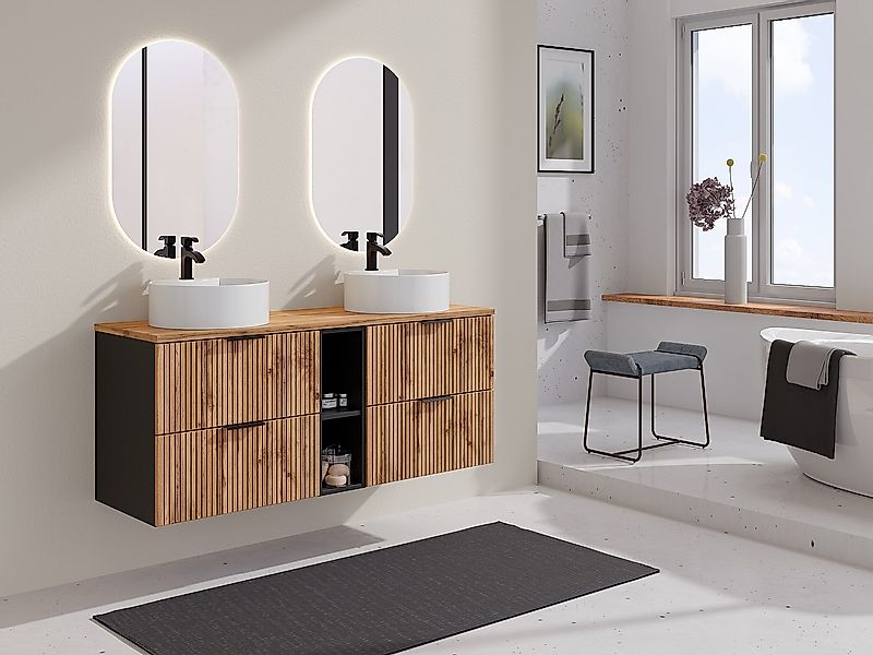 Waschbeckenunterschrank hängend mit Ablagen - Streifenoptik - Holzfarben he günstig online kaufen