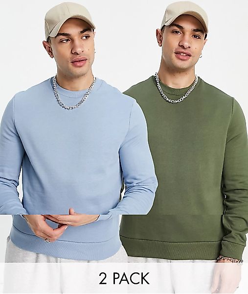 ASOS DESIGN – Sweatshirts in Blau/Khaki im 2er-Pack-Bunt günstig online kaufen