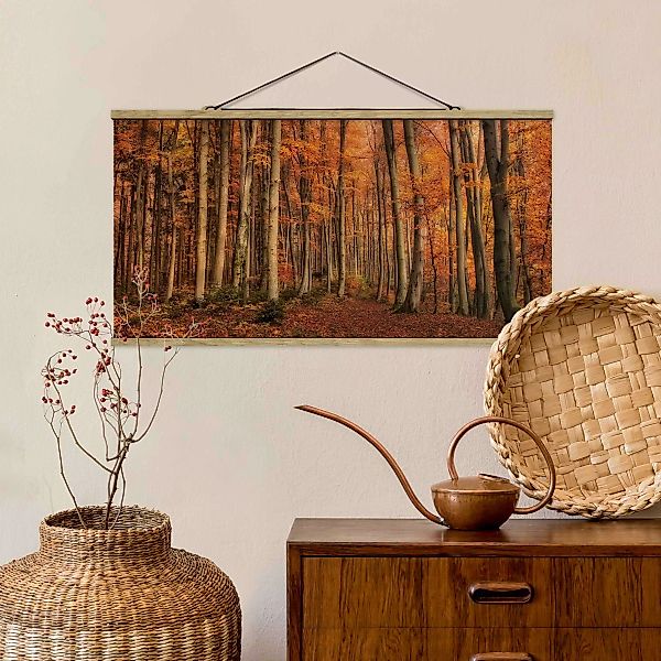Stoffbild Wald mit Posterleisten - Querformat Herbstspaziergang günstig online kaufen