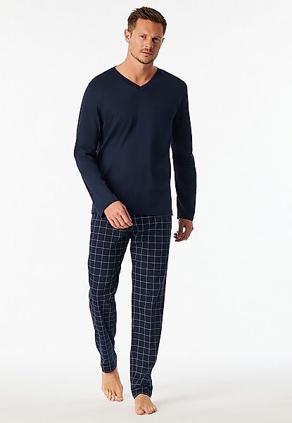 Schiesser Pyjama Fine Interlock (2 tlg) Oberteil in Uni, karierte Hose, V-N günstig online kaufen