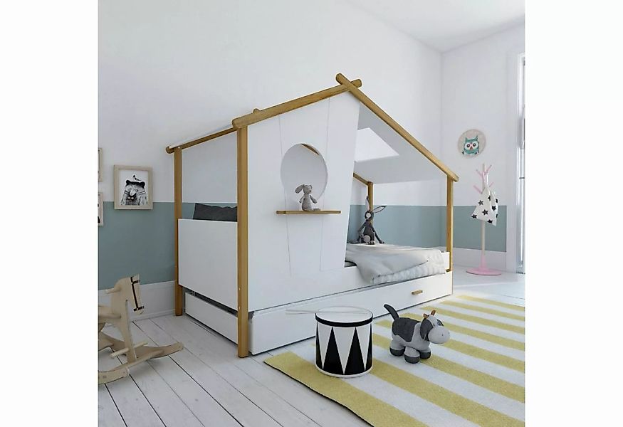 Homestyle4u Kinderbett Hausbett 90x200 Lattenrost Bettkasten Weiß Holzbett günstig online kaufen