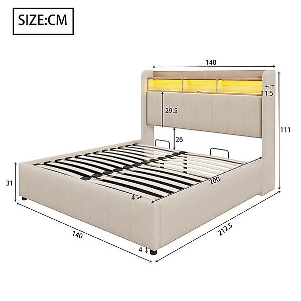 Flieks Polsterbett, LED hydraulisches Doppelbett 140x200cm mit USB-Aufladen günstig online kaufen