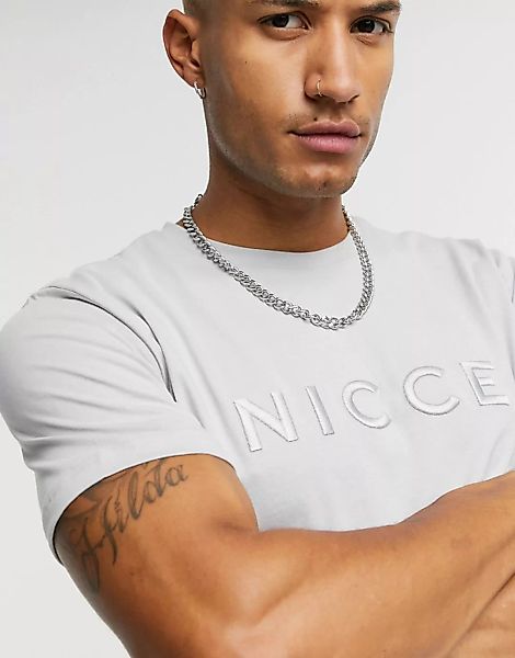 Nicce – Mercury – Besticktes T-Shirt mit Logo in Steingrau günstig online kaufen