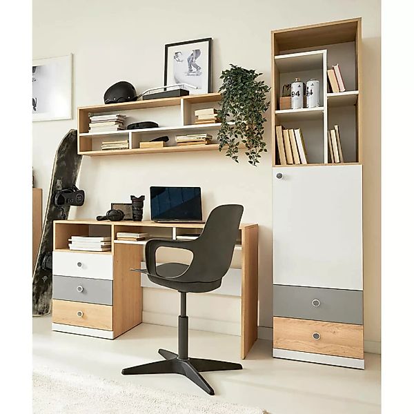 Jugendzimmer Schreibtisch Set in Eiche mit weiß und grau PINETO-133, 3-teil günstig online kaufen