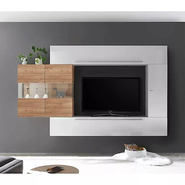 TV Wohnwand in Weiß Hochglanz und Nussbaumfarben 260 cm breit (vierteilig) günstig online kaufen
