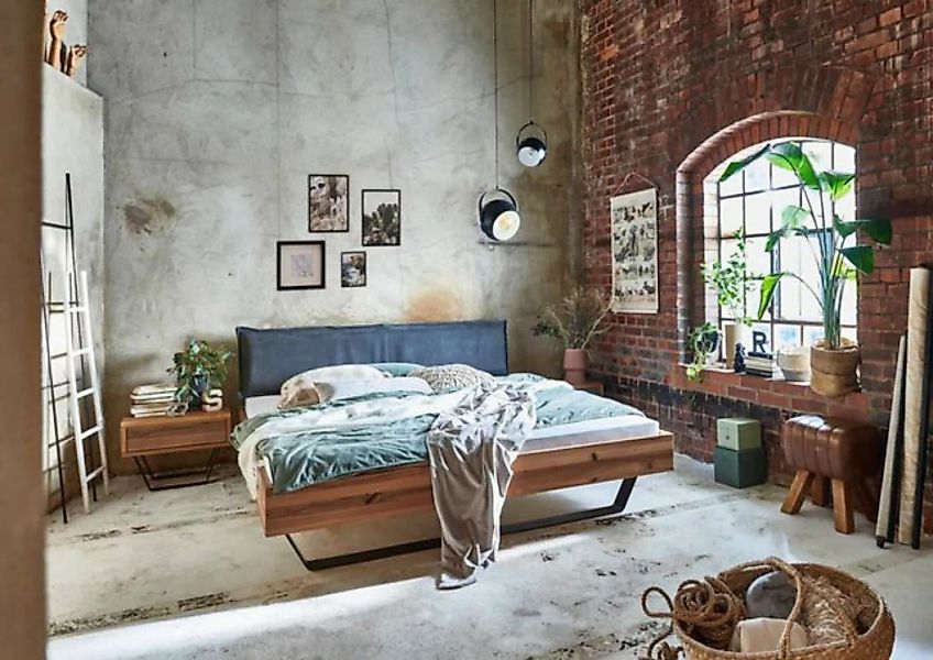 Natur24 Einzelbett Bett Allerod 160x200cm Walnussholz Lederkopfteil Anthraz günstig online kaufen