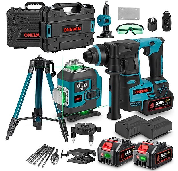 ONEVAN Laserwasserwaage Akku-Bohrhamme Set mit 4x Akku & Stativ(1M) Bürsten günstig online kaufen