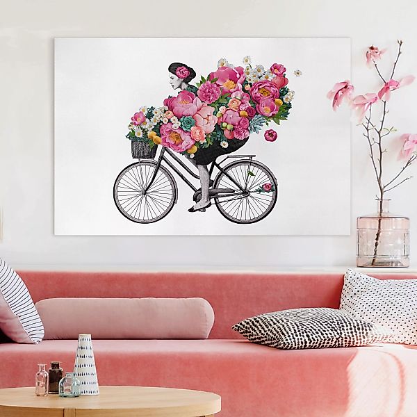 Leinwandbild Blumen - Querformat Illustration Frau auf Fahrrad Collage bunt günstig online kaufen