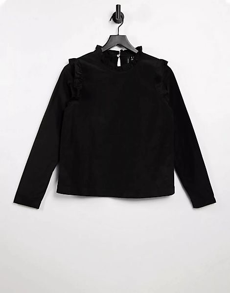 Vero Moda – Hochgeschlossenes T-Shirt mit Rüschenbesatz in Schwarz günstig online kaufen