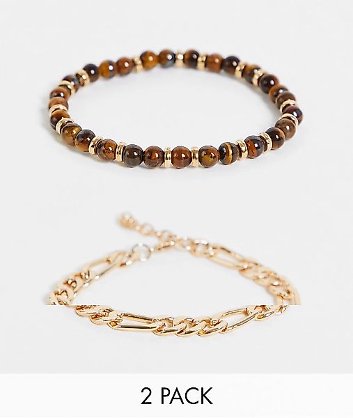 ASOS DESIGN – 2er-Pack Armbänder mit Tigerauge-Perlen und Figarokette in Go günstig online kaufen