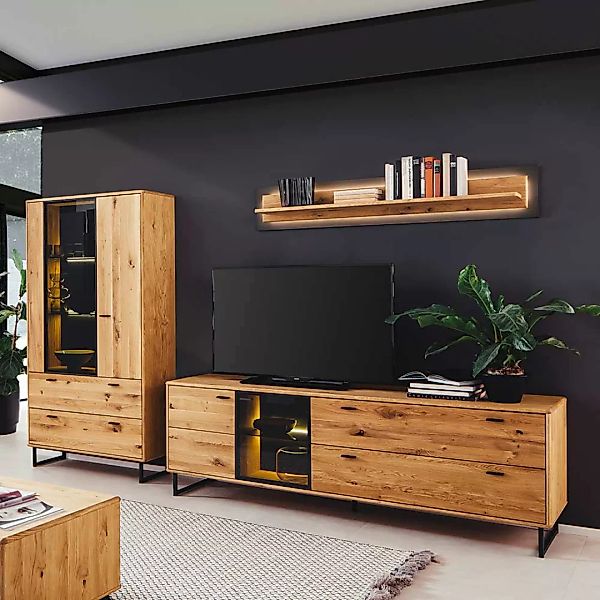 Moderne Wohnzimmerwand in Wildeichefarben und Anthrazit Metallgriffen (drei günstig online kaufen