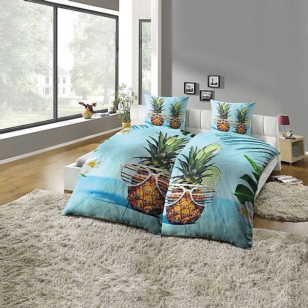 KiNZLER Partnerbettwäsche Partnerbettwäsche 4-teilig "Ananas", Microfaser, günstig online kaufen
