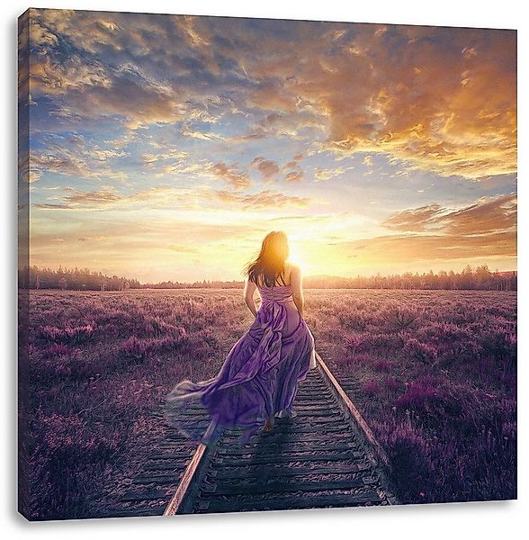 Pixxprint Leinwandbild Frau auf Schienen bei Sonnenuntergang, Frau auf Schi günstig online kaufen